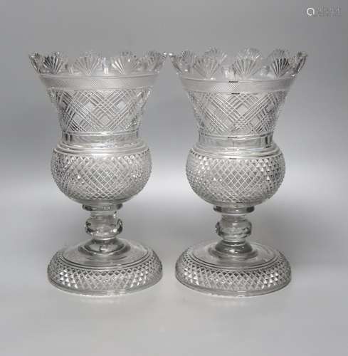 A pair of 19th century Scottish crystal vases of thistle hea...