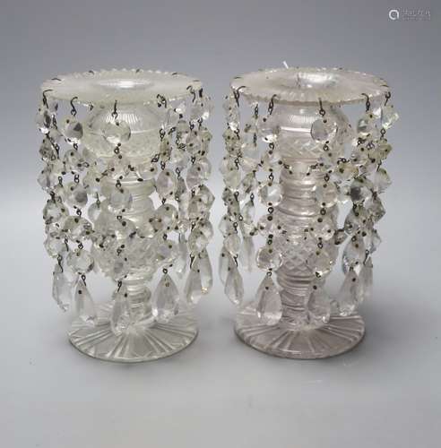 A pair of early Victorian glass lustres with hobnail cut ste...