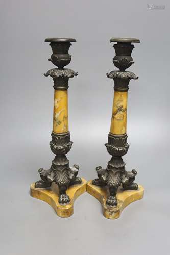 A pair of Empire bronze and Sienna marble candlesticks, heig...