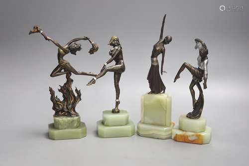 A group of four Art style bronze and oynx dancers, tallest 2...