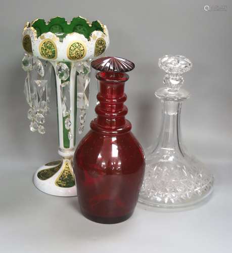 A rare ruby glass decanter circa 1830, a Bohemian overlaid g...