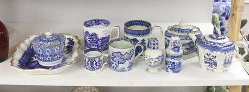 A collection of English blue and white pottery, various date...