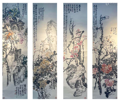 吳昌碩 近現代 花卉四條屏 紙本設色 立軸