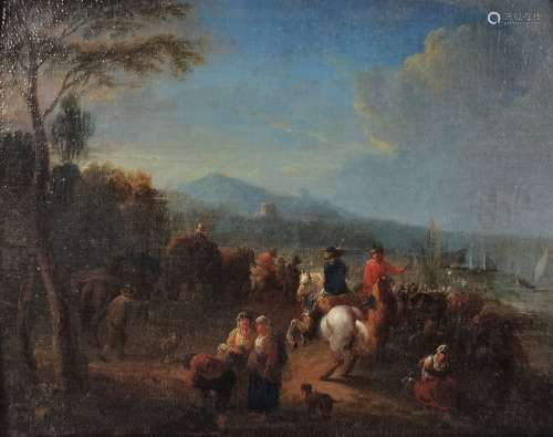 Théobald MICHAU (1676-1765). L'arrivée d'un convoi. Huile su...