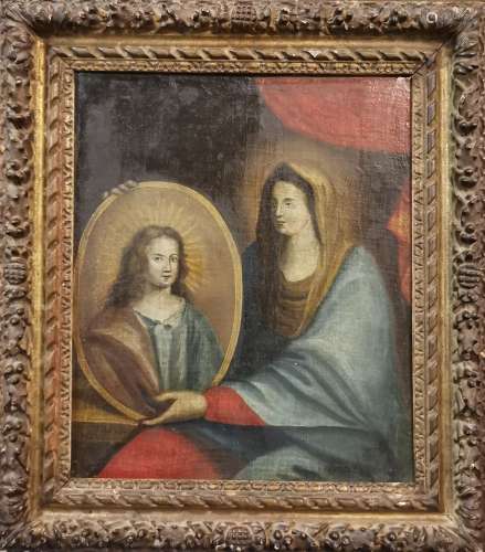 Ecole du XVIIe siècle. La vierge présentant le portrait du C...