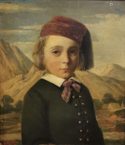 CASTAN (XIX). Jeune enfant au tarbouch devant un paysage mon...