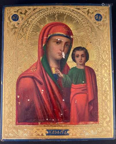 RUSSIE. Icone représentant la Vierge de Kazan sur fond or, p...
