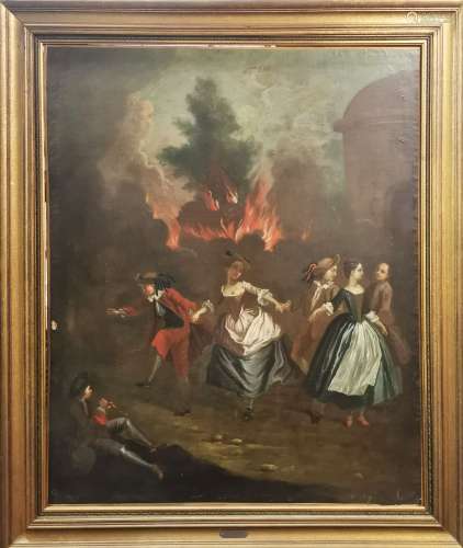 Ecole française (fin XVIIIe), Ronde devant un feu, Huile sur...
