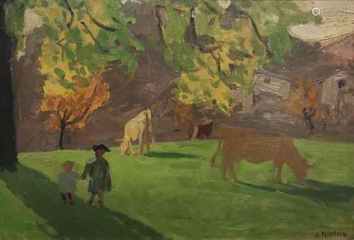 Jules FLANDRIN (1871-1947). Vaches dans un champ à Corenc. H...