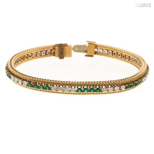 An Emerald & Diamond Woven Gold Bracelet in 14K