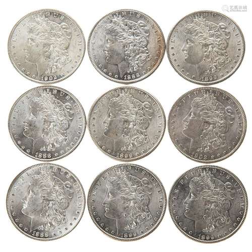 Nine UNC Morgan Dollars