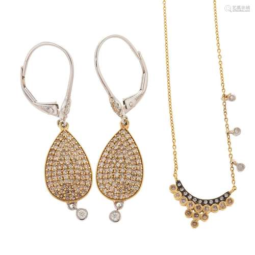 A Pair of 14K Pave Diamond 92 & 18K Necklace