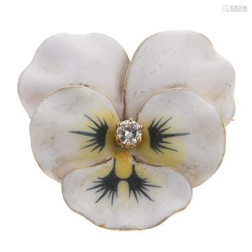 A Vintage White Enamel Pansy Brooch with Diamond