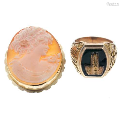 An 18K Yellow Gold Cameo Brooch Pendant & Ring