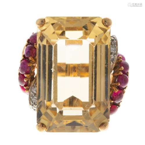 A Retro 35.00 ct Citrine & Ruby Ring in 14K