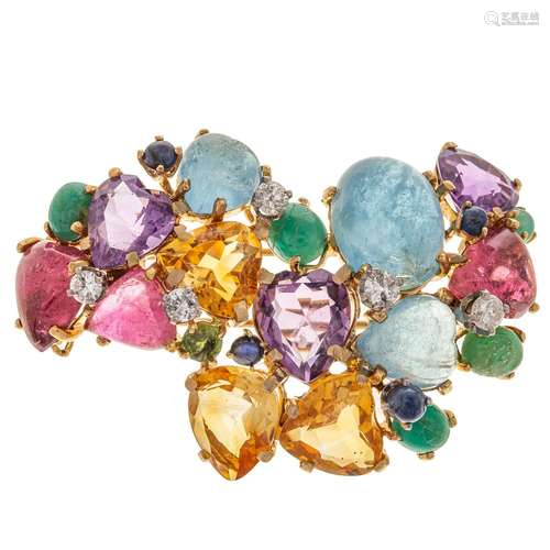 A Multi-Gemstone Cluster Brooch in 14K