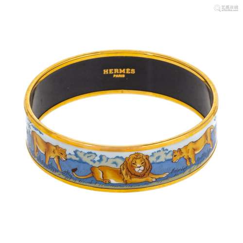 An Hermes Lion Motif Enamel MM Bangle Bracelet