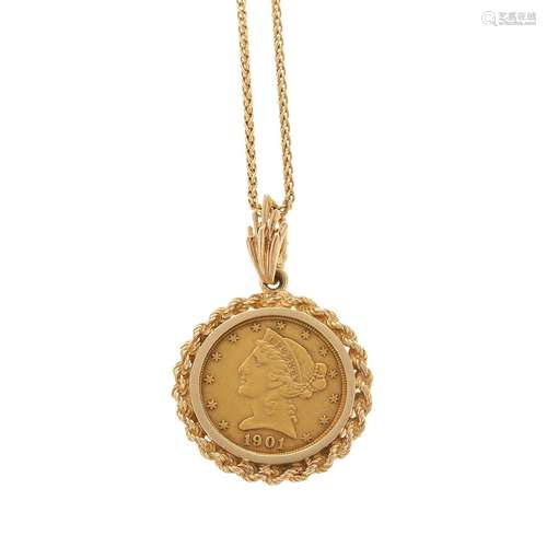 A 14K 1901 Liberty Head $5 Half Eagle Coin Pendant