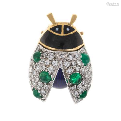 A Diamond, Emerald & Enamel Ladybug Pin in 18K