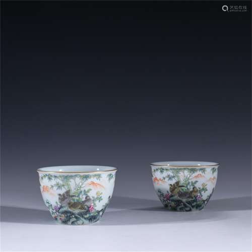 Pair of Famille Rose Porcelain Cups with Flower Pattern