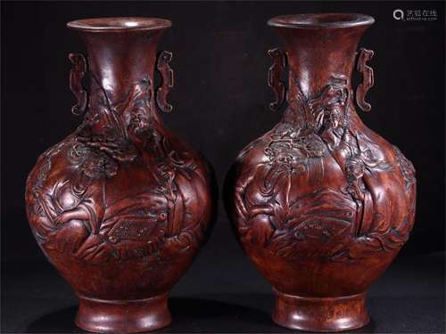 Pair of Carved Agarwood Figure Patterned Vases