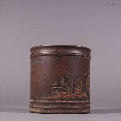 A Carved Yixing Zisha Brush Pot