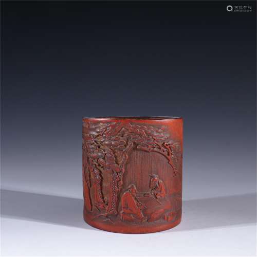 A Carved Bamboo Figure Patterned Brush Pot