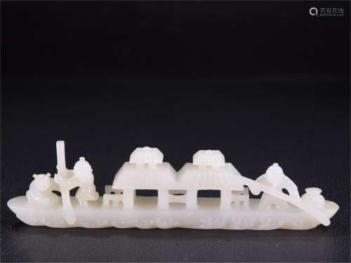 A Carved Jade Boat Shaped Ornament with Figure& Story