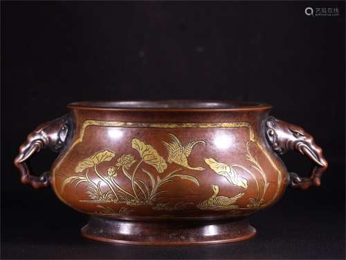 A Gilt Bronze Incense Burner with Mandarin Duck Pattern