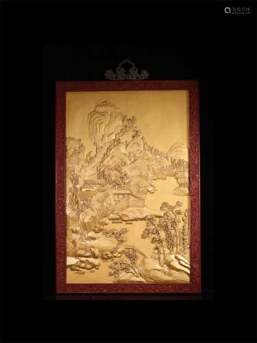 A Carved Lacquer Table Screen with Landscape Pattern