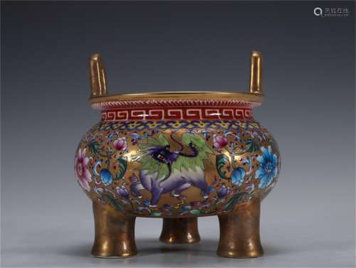 A Famille Rose Porcelain Incense Burner with Kirin