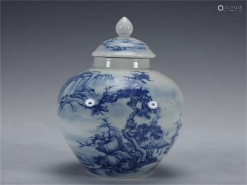 A Blue & White Porcelain Lidded Jar with Landscape