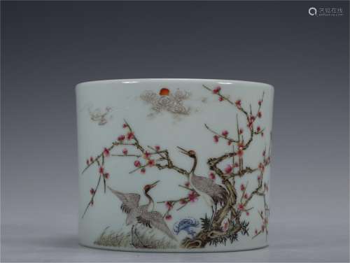 A Famille Rose Porcelain Brush Pot with Calligraphy