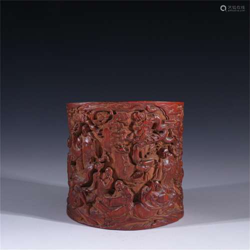 A Carved Bamboo Brush Pot with Buddha Pattern
