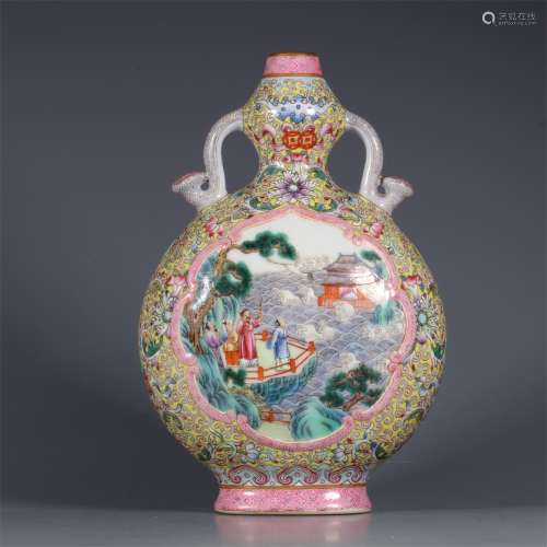 A Famille Rose Porcelain Vase with Double Ear