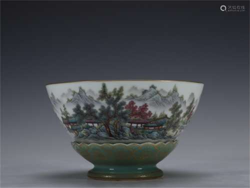 A Famille Rose Porcelain Bowl with Landscape Pattern
