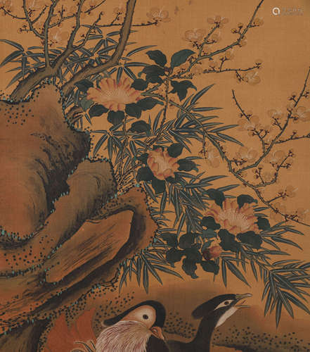 A Chinese bird-and-flower silk scroll, Shenquan mark