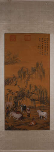 A Chinese horse silk scroll, Lang Shining mark
