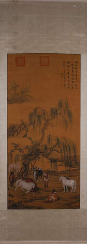 A Chinese horse silk scroll, Lang Shining mark