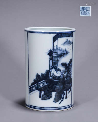 A blue and white figure porcelain brush pot