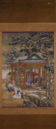 A Chinese figure silk scroll, Lang Shining mark