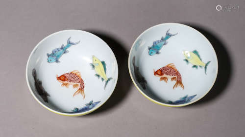 A pair of famille rose fish porcelain bowls