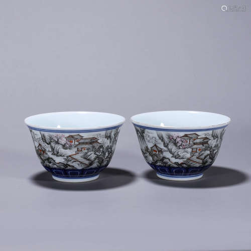 A pair of ink colored landscape porcelain bowls
