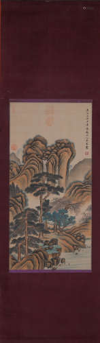 A Chinese landscape silk scroll, Wangmeng mark