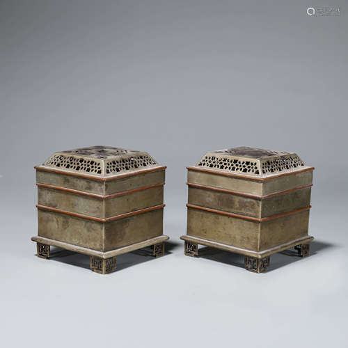 A pair of copper bagua incense burners