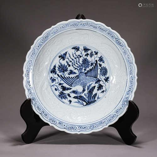 A blue and white phoenix bird porcelain plate