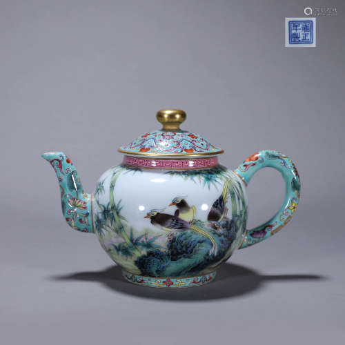 An inscribed famille rose bird and flower porcelain teapot