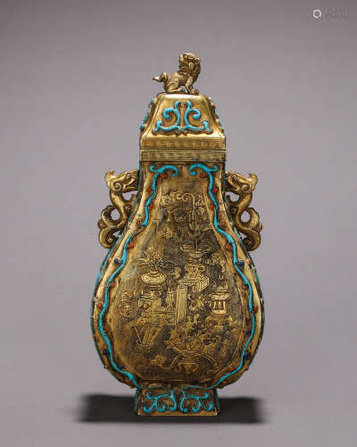 A turquoise-inlaid gilding copper vase