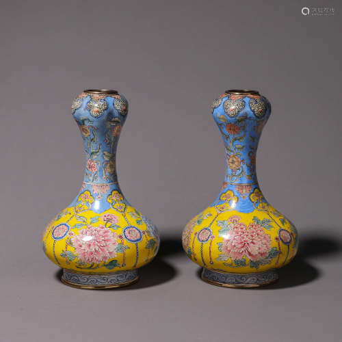 A pair of flower copper enamel vases