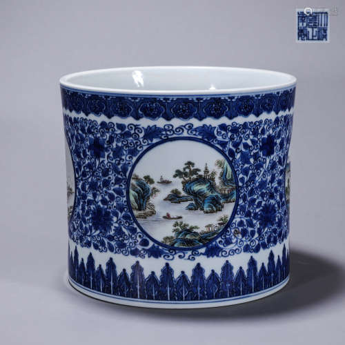 A blue and white famille rose landscape porcelain brush pot